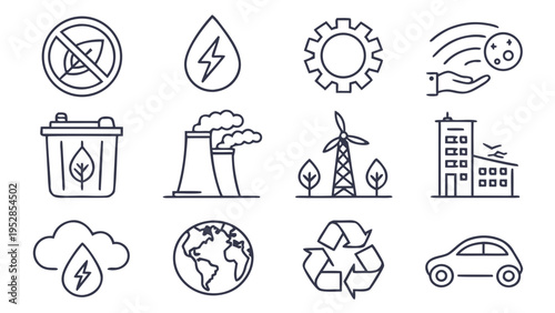 Modern collection of environmental icons for green energy solutions climate action recycling and sustainable development principles