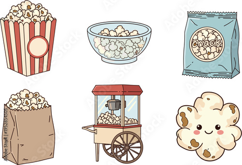 Cute vector popcorn set including classic striped bucket vintage cart snack bag glass bowl and a smiling kawaii popcorn character on white background