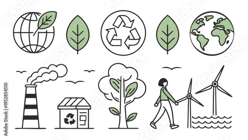 Collection of environmental and sustainability themed line art icons with green accents, illustrating eco-friendly concepts
