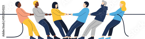 Diverse group of people pulling a rope together in a tug of war competition, flat vector illustration of teamwork, corporate struggle and business conflict.