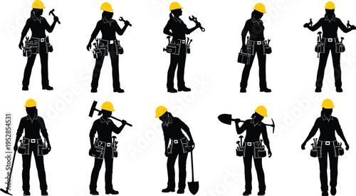 Female construction worker silhouette set with yellow hard hats and tool belts holding hammers wrenches shovels and pickaxes for industrial building site professional labor concepts.
