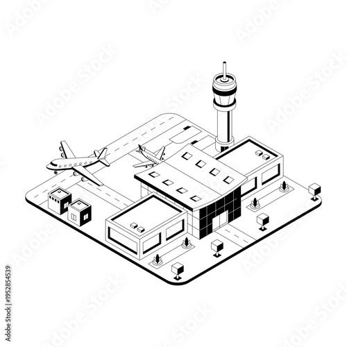 An isometric style illustration showing an airport terminal