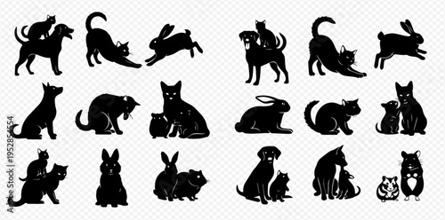 Collection of various animal silhouettes including cats, dogs, rabbits, and hamsters in different poses and interactions, perfect for pet-related designs.