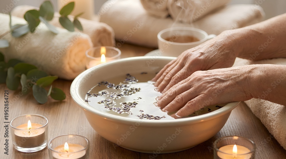 Fototapeta premium Woman Soaking Hands in Herbal Water for Relaxing Spa Treatment.