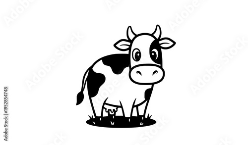Cute cartoon cow standing on grass bold outline sketch farm animal vector isolated on white background