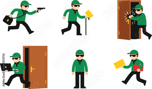 Flat vector illustration set of a secret agent or criminal character in green uniform committing burglary stealing data and escaping with a gun