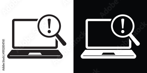 Laptop with a magnifying glass and exclamation mark error symbol. Vector icon for system diagnostics, troubleshooting, software bug detection, and technical support services.