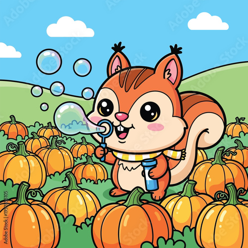 Cute cartoon squirrel blowing bubbles in a pumpkin patch.
