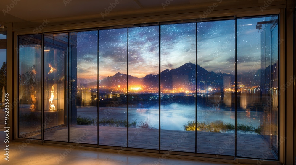 Obraz premium Sunset lake view through smart window, panoramic glass doors framing mountain silhouette over calm water, warm interior lighting casting cozy reflections, modern living space optimized for relaxation