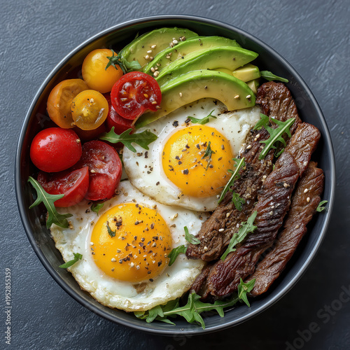 High Protein Breakfast Bowl with Fried Eggs, Avocado and Grilled Beef