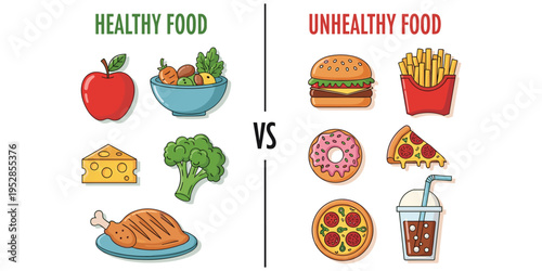 Healthy vs unhealthy food illustration, nutrition comparison design, diet motif artwork, wellness decorative symbol, lifestyle motif, balanced eating artwork, vector drawing