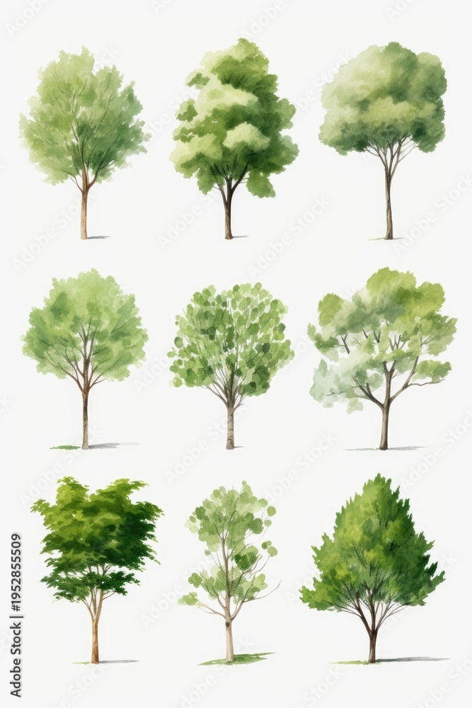 Fototapeta premium A beautiful image featuring a bunch of trees painted in watercolor. This picture can be used for various projects, such as nature-themed designs, art prints, greeting cards, and more.