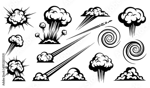 Dynamic black smoke cloud vector elements with puffy bursts thin trails and spiral swirls in bold graphic style