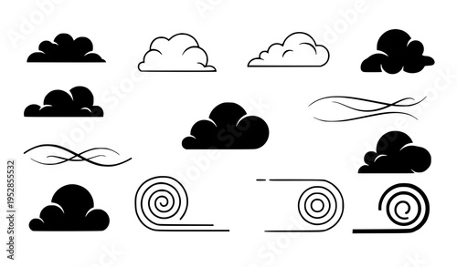Minimal black smoke cloud shapes vector set with soft puffs thin lines and spiral forms in modern style isolated on white