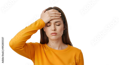 Woman with headache or stress, frustrated female with hand on forehead isolated PNG with Transparent Background