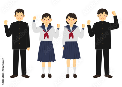 制服を着てガッツポーズをする男女の生徒のイラストのセット