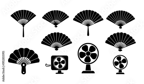 Minimal fan silhouette vector icons with folding and electric fan shapes in simple black style isolated on white