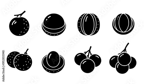 Longan fruit silhouette vector set with whole peeled and cluster shapes in black flat style isolated on white