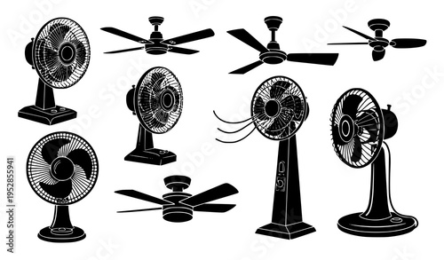 Electric fan silhouette vector collection with desk pedestal and ceiling fan icons in bold black style