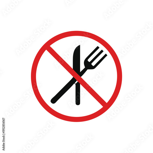 Red and black no eating sign, essential regulatory cutlery prohibition icon.