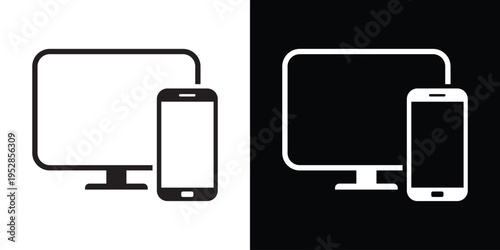 Vector illustration of a computer monitor and smartphone. Minimalist flat icon representing responsive web design, multi-device synchronization, and modern digital communication.