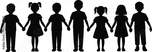 Children holding hands silhouettes, group of kids standing together, friendship and unity concept, teamwork and togetherness, isolated illustration set on white background