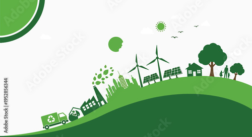 Green city landscape on rolling hills featuring solar panels wind turbines eco friendly houses recycling truck and happy family for sustainable living