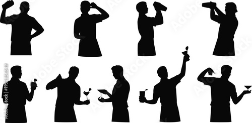 Bartender silhouette set mixing cocktails and serving drinks, professional bar staff in different poses, beverage preparation concept, hospitality service, isolated figure illustration
