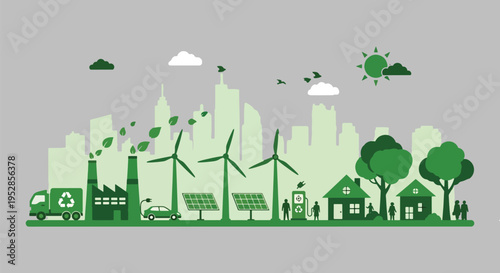 Green eco city concept illustration with sustainable lifestyle elements factory houses wind turbines solar panels electric car charging station