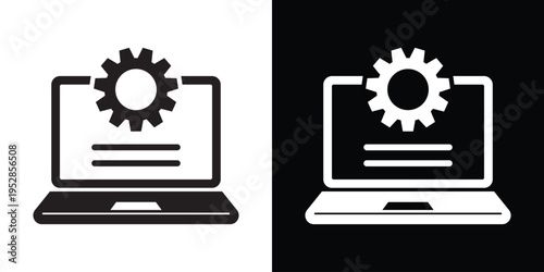 Vector illustration of a laptop with a gear or cogwheel symbol. Represents system settings, technical configuration, software development, maintenance, and IT optimization.