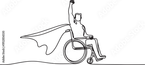 Continuous line drawing of a superhero in a wheelchair with raised arm and flowing cape. One line draw graphic design vector