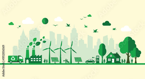 Green cityscape with renewable energy and eco friendly transportation symbolizes sustainable urban development and environmental protection healthy living