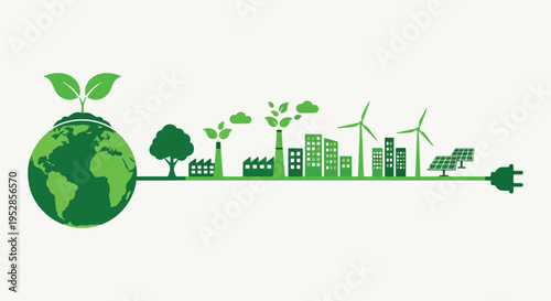 Earth with green plant and cityscape connected to electric plug illustration symbolizing global energy connection and sustainable environmental development