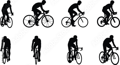 Cyclist silhouette set riding road bike in different positions, professional cycling action, sport training concept, racing posture collection, isolated athletic figure illustration