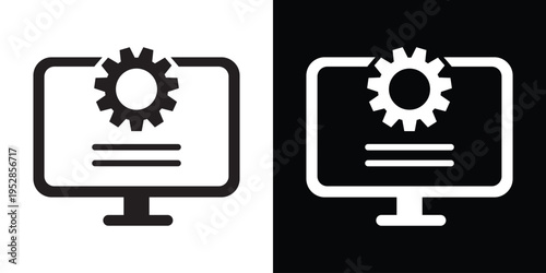 Vector illustration of a computer monitor with a gear or cogwheel symbol. Represents system settings, technical configuration, software development, maintenance, and IT optimization.