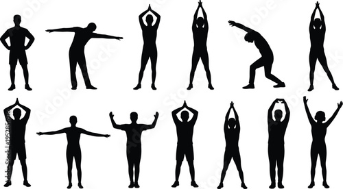 Fitness stretching silhouettes set with men and women warming up in various poses, workout flexibility exercises, healthy lifestyle and training concept, isolated illustration