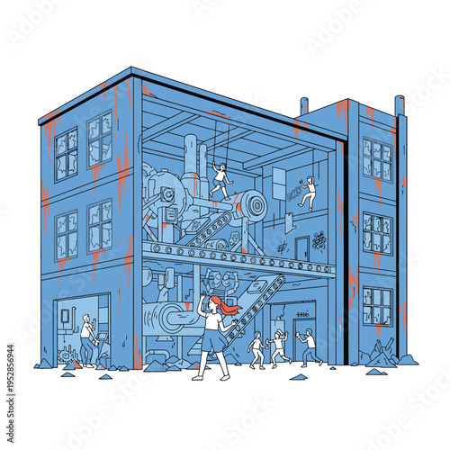 Cross section of a blue industrial building with people.