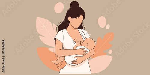 Mother breastfeeding baby illustration, maternal care bonding, nurturing infant nourishment, woman holding child, abstract pastel leaves background, family love, flat vector illustration