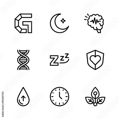 Collection of nine distinct line art icons representing health and science concepts.