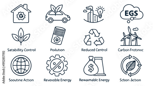 Bild auf Leinwand Sustainability control and renewable energy icon collection featuring electric c