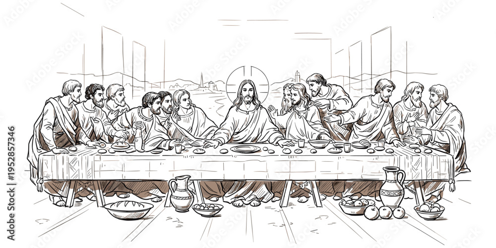 Obraz premium Last Supper line drawing illustration, Jesus apostles table scene, Christian art history, sacrifice betrayal communion, religious artwork vector, flat vector illustration