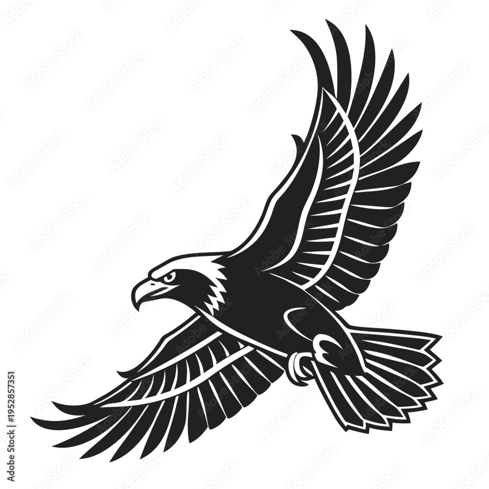 Fototapeta premium Eagle in flight black vector illustration isolated on white background, powerful bird of prey flying, majestic animal graphic art