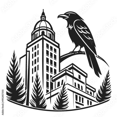 Quadro su tela Urban cityscape with a bird perched on a building, symbolizing nature and city i