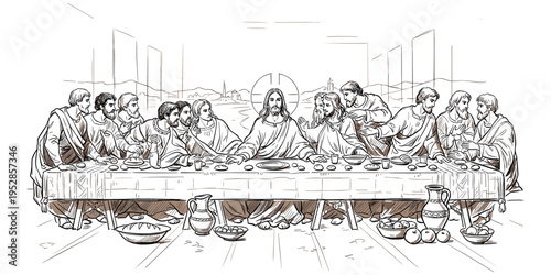Last Supper line drawing illustration, Jesus apostles table scene, Christian art history, sacrifice betrayal communion, religious artwork vector, flat vector illustration