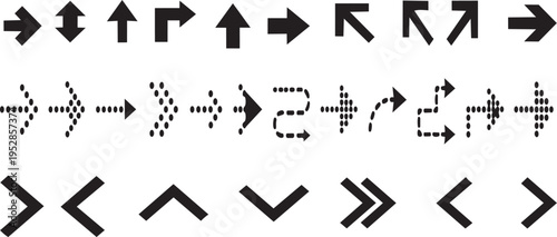 Arrow icons set vector, navigation directional symbols collection, dashed bold thin arrows, user interface elements, infographic pointers, minimal design, editable direction signs isolated on white