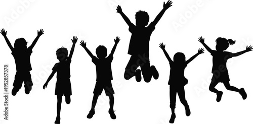 Kids silhouettes jumping with raised hands, happy children celebrating and playing, joyful childhood activity concept, energetic movement, isolated illustration on white background