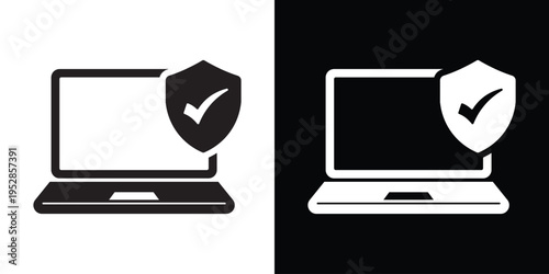 A computer monitor icon featuring a security shield and a checkmark. Professional symbol for cyber security, verified protection, data safety, secure network, and antivirus software.