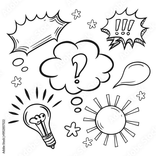 Collection of hand drawn comic elements with thinking cloud and question mark light bulb and sun icons for creative design projects and layouts