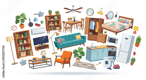 Floating Home Furniture Vector Collage on White Background