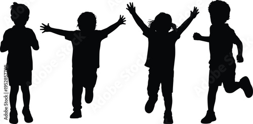 Kids silhouettes running and jumping with raised arms, happy children in playful motion, energetic childhood activity concept, isolated illustration set